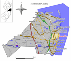 Map of Ocean Township in Monmouth County. Inset: Location of Monmouth County highlighted in the State of New Jersey.