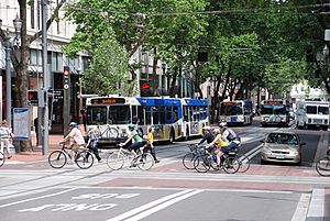 Portland Transit Mall with cyclists crossing
