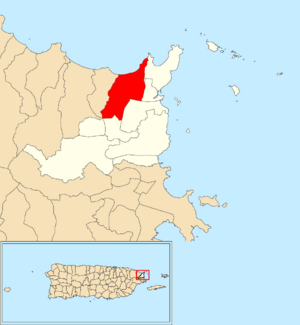 Location of Quebrada Fajardo within the municipality of Fajardo shown in red