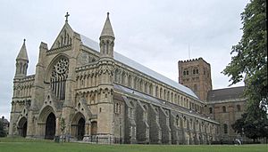 St Albans Abbey following restoration. A mix of architectural styles and a pitched roof.