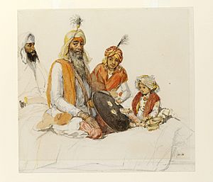 Watercolour on paper depicting Tej Singh with his son and nephew, by William Carpenter, ca.1850–57
