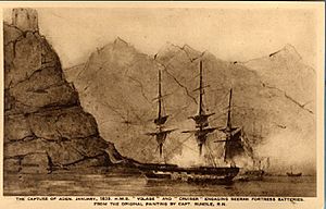 Capture of Aden 1839 "H.M.S. 'Volage' and 'Cruiser' engaging Seerah fortress batteries".jpg