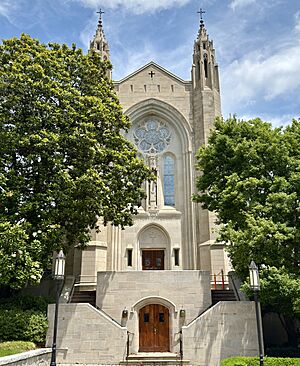 A color photograph of the front of a large church building