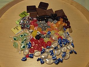 Collection of candy from various countries on a tray