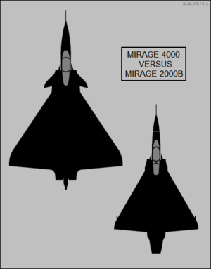 Dassault Mirage 4000 and Mirage 2000B top-view silhouette comparison