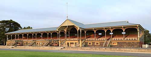 Grandstand of the former Victoria Park Racecourse, Adelaide -- three-quarters view