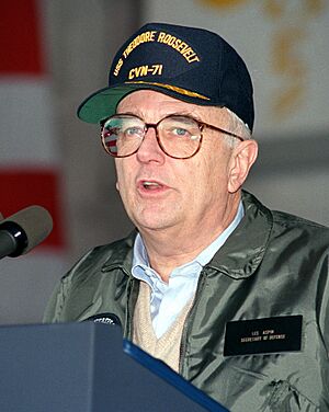 Les Aspin speaks aboard USS Roosevelt, 1993