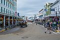 Mackinac Island's main town, looking west. Transportation on the island is by horse, bike, or foot.