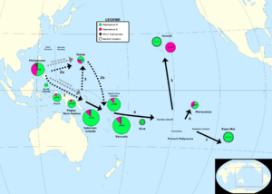 Map showing prehistoric diffusion of domestic chickens (Gallus gallus) into the Pacific via the Austronesian migrations (Thomson, Lebrasseur, & Austin, 2014)