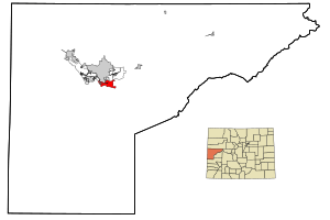 Location of the Redlands CDP in Mesa County, Colorado.