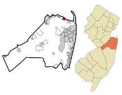 Map of Belford CDP in Monmouth County. Inset: Location of Monmouth County in New Jersey.