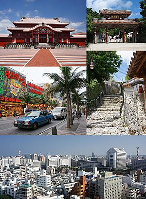 From top left: Shuri Castle, Shureimon, Kokusai dōri, Kinjocho Ishidatami-michi, Central Naha