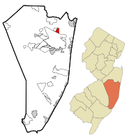 Map of Leisure Village East CDP in Ocean County. Inset: Location of Ocean County in New Jersey.