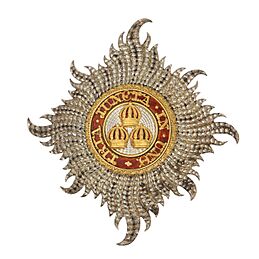 Civil Knight Grand Cross Star of The Most Honourable Order of the Bath: 'Rays of silver issuing from a centre and charged with three Imperial Crowns, one and two, within a circle gules whereon inscribed the motto of the Order in gold'