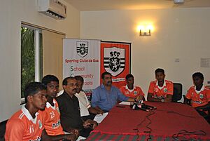 Sporting Clube de Goa players, managerial staffs and officials in press meet at the club house in Panjim, Goa, April 2014