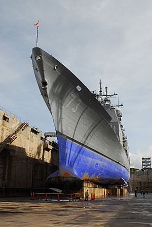USS Port Royal (CG 73) forward section after grounding in drydock