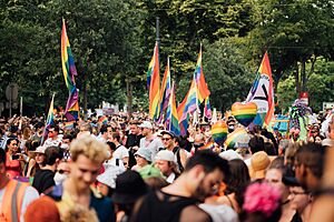 Viele Menschen mit Regenbogenfahnen bei der Vienna Pride 2021 (51263075454)