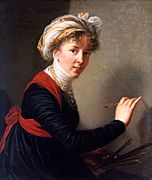 Self portrait of herself submitted for her admission to the St. Petersburg Academy of Arts Now in the Hermitage Museum. Along with the other Uffizi portrait, are the only surviving self portraits by the artist showing her in the act of painting.