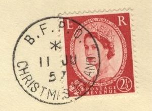 1957 Christmas Island BFPO postmark on British Wilding stamp