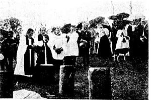 Archbishop Donaldson capping the first stump for the Church of England on St. George's Day, St George's Anglican Church, Eumundi, 1912