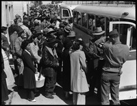 Byron, California. Farm families of Japanese ancestry boarding buses for Turlock Assembly center 65 . . . - NARA - 537458