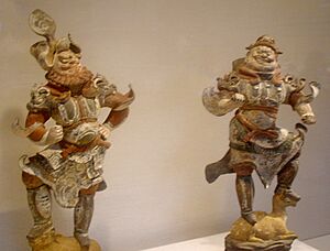 Guardian figures, earthenware with pigment, Tang Dynasty