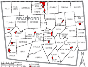Map of Bradford County Pennsylvania with Municipal and Township Labels