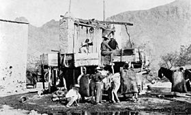 Miners operate hydraulic sluice, San Francisquito Canyon, LA 1890-1900
