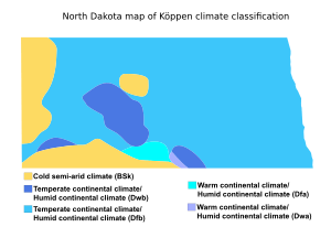 North Dakota map of Köppen climate classification