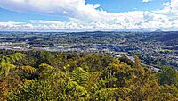 Looking westward towards central Whangārei from the Mount Parihaka lookout, with Te Matau A Pohe bridge and the suburb of Port Whangārei to the far left, the Discovery Settlers Hotel in the suburb of Regent to the far right, as well as Maungatapere and Te Tangihua in the background.