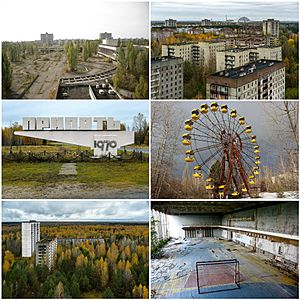 Clockwise from top-left:Pripyat central squareapartment buildings with the Chernobyl New Safe Confinement in the distancethe infamous Ferris wheel of the Pripyat amusement parkan abandoned sport hallnatural overgrowth at an apartment blockthe Pripyat welcome sign
