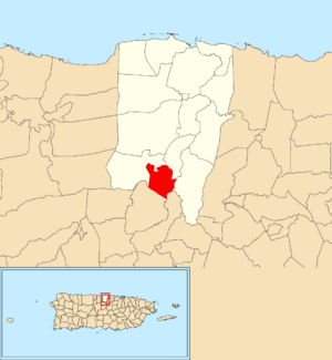 Location of Quebrada Arenas within the municipality of Vega Baja shown in red