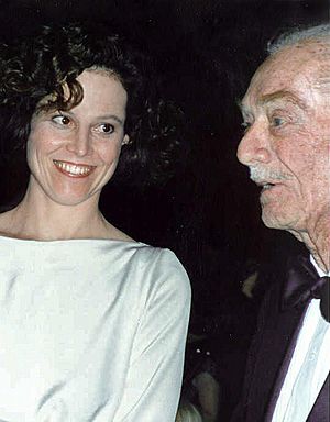 Sigourney Weaver with her father Pat Weaver 1989 (cropped 2).jpg