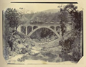 StateLibQld 2 255954 Steam train passes over the completed Deep Creek railway bridge, Gayndah district, 1905