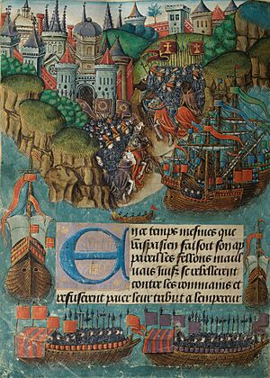 The Emperor sends Vespasian with an army to destroy the Jews (f. 177v) Cropped