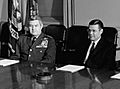 Air Force Chief of Staff General Curtis LeMay with Secretary of Defense Robert McNamara at The Pentagon in 1963