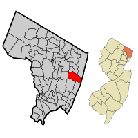 Map highlighting Tenafly's location within Bergen County. Inset: Bergen County's location within New Jersey