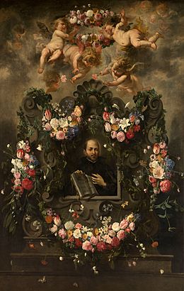 Daniël Seghers and Cornelis Schut (I) - Saint Ignatius in a cartouche with flowers and cherubs