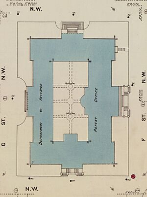 Department of Interior Patent Office building, 1916 in Sanborn Fire Insurance Map from Washington, District of Columbia, District of Columbia. LOC sanborn01227 003-15 (cropped)