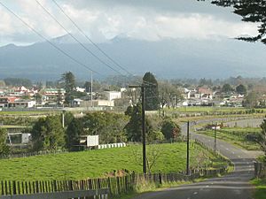 A view of Inglewood from Lincoln Road, with Mount Taranaki in the background, hidden by cloud