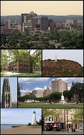 Montage of New Haven. Clockwise from top left: Downtown New Haven skyline, East Rock Park, summer festivities on the New Haven Green, shops along Upper State Street, Five Mile Point Lighthouse, Harkness Tower, and Connecticut Hall at Yale.