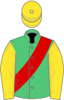 Emerald green, red sash, yellow sleeves and cap