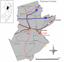 Map of South Bound Brook in Somerset County. Inset: Location of Somerset County highlighted in the State of New Jersey.