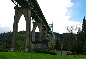 St Johns Bridge from Cathedral Park all - Portland, Oregon.jpg
