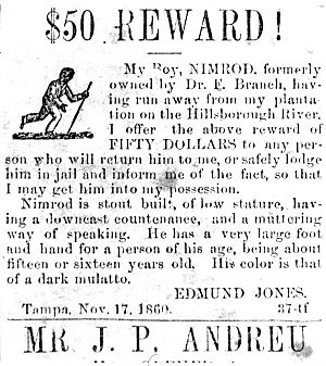 Tampa Newspaper ad offering a reward for the return of Dr. Edmund Jones' slave, Nimrod- Tampa, Florida (5803931389)