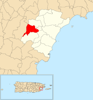 Location of Tejas within the municipality of Humacao shown in red