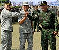 U.S. Army Brig. Gen. Bruce E. Oliveira, left, the commander of Hawaii Army National Guard; U.S. Air Force Maj. Gen. Darryll D.M. Wong, the adjutant general of Hawaii, and Indonesian Brig. Gen. AM Putranto 140901-A-VC646-414