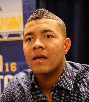 White Sox pitcher Jose Quintana talks to reporters at 2016 All-Star Game availability. (28393834022) (cropped)