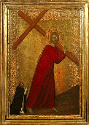'Christ Bearing the Cross, with a Dominican Friar', tempera on panel painting by Barna da Siena , 1330-1350, Frick Collection