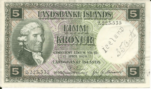 5 krónur banknote (obverse side) from 1928